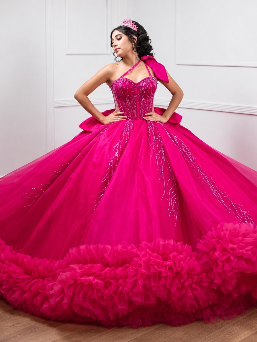 Fuchsia One-Shoulder Tulle Ball Gown Prom Dress